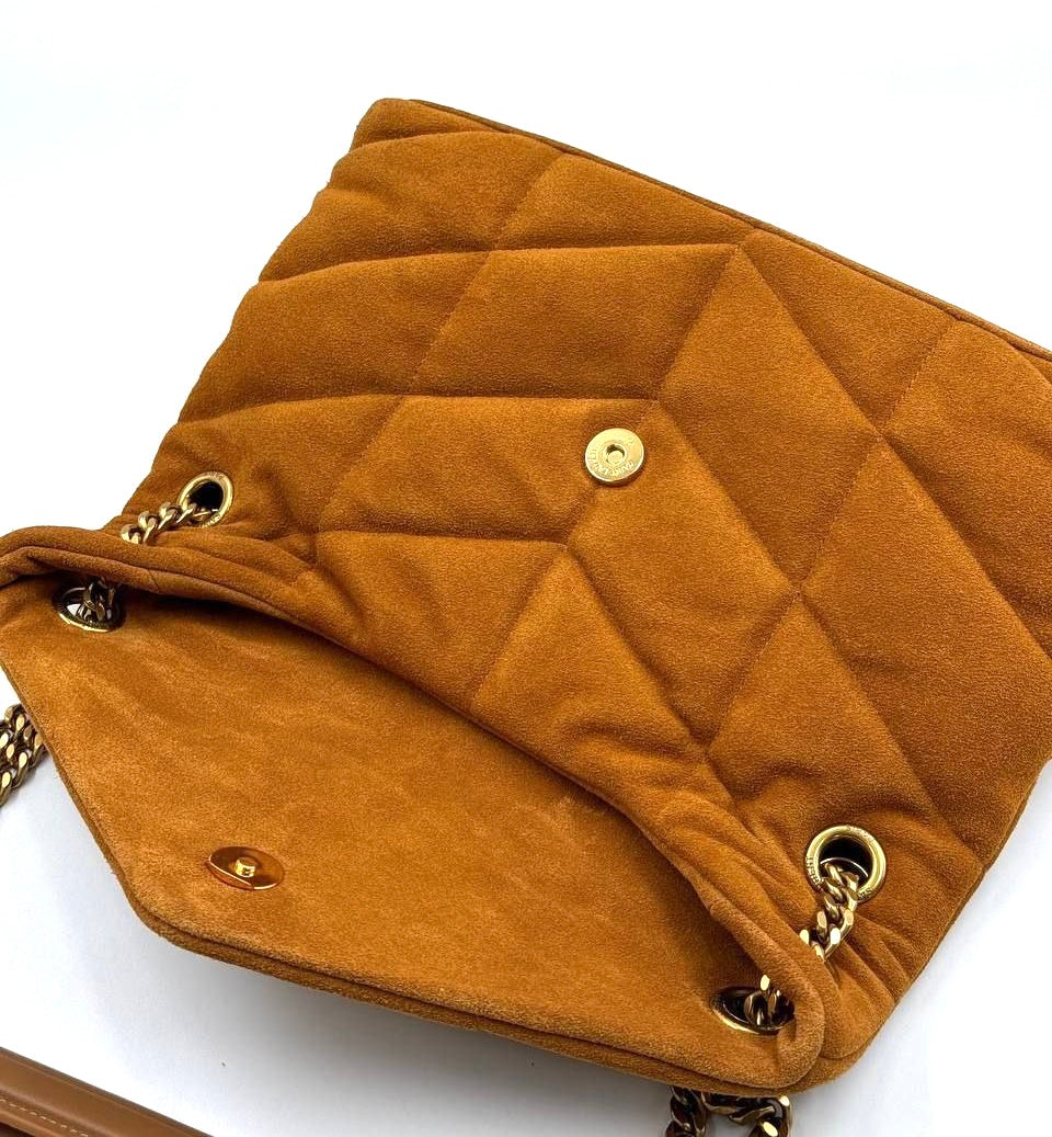 Ysl puffer bag suede taba